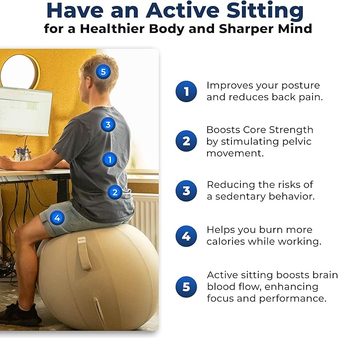 Balance Ball Chair for Office & Home - Ergonomic Exercise Ball for Posture & Back Pain Relief, Yoga Ball Chair - Sitting Ball with Washable Linen Cover