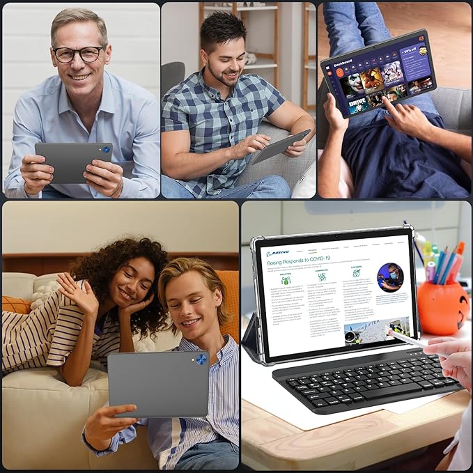 Android 15 Tablet with Keyboard, 26GB+256GB(2TB Expand), 10.1 Inch Tablet 8000 mAh Battery, BT 5.0, 5G WiFi, Widevine L1, Dual Camera, 2 in 1 Tab with Mouse, Case, Stylus(Silver Case)