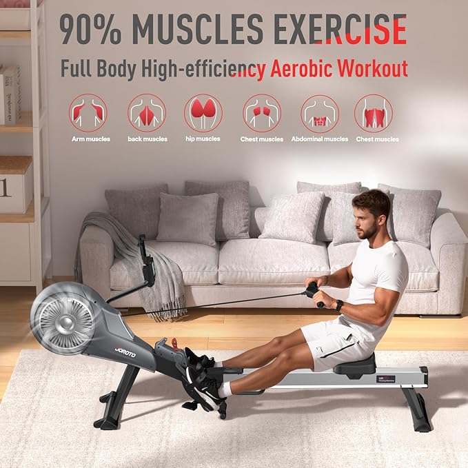 JOROTO Rowing Machine for Home Foldable, Air Magnetic Rowing Machines with 10-Level Adjustable Resistance, Quiet Ergonomic Seat,Bluetooth App, Max 350LBS, Space-Saving Home Gym, Gray