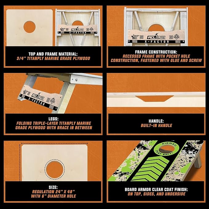 Titan Bags X Factor Cornhole Boards - ACL Elite Approved Cornhole Board Set w/Patent Pending X Underside Bracing for Maximum Durability - Regulation Size for Professional & Outdoor Sports Game