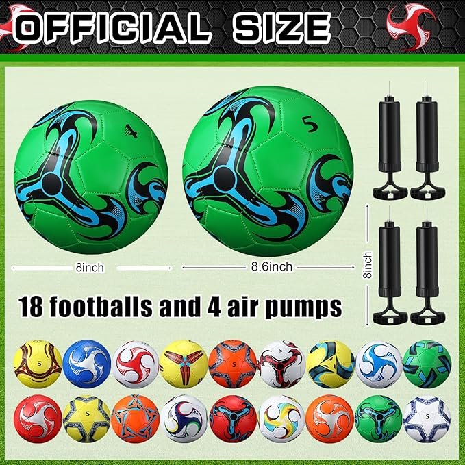 18 Pcs Soccer Balls Football with 4 Pumps Sports Soccer Balls Official Size Soccer Indoor Outdoor Soccer for Child Teens Adult Players Game Training Back to School Gift