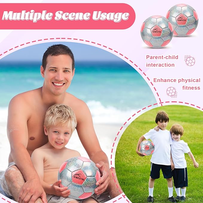 Soccer Ball Size 3 4 5 Glitter Pink Purple Silver with Pump Toddler Soccer Ball for Kids Aged 3-6 6-8 8-12 Outdoor Training Ball for Girls Boys Children Youth Teens