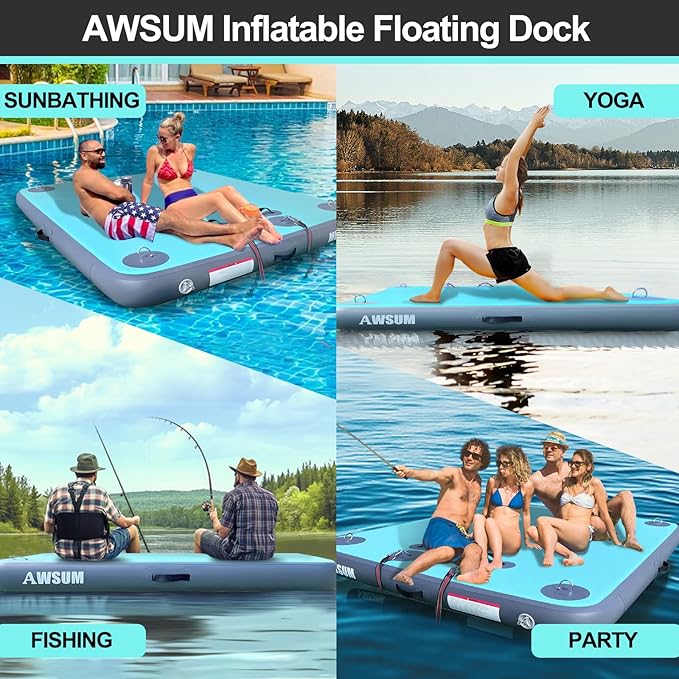AWSUM Inflatable Floating Dock Air Dock Platform, 6ft/8ft Non-Slip Inflatable Water Mat Floating Island Raft for Lake Pool Beach Ocean