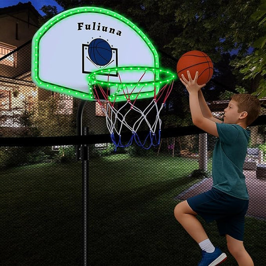Trampoline Basketball Hoop with LED Lights, Solar Powered Basketball Hoop for Trampoline Fits for Straight Pole & Curved Pole, Trampoline Basketball Hoop Attachment with Mini Ball and Pump.
