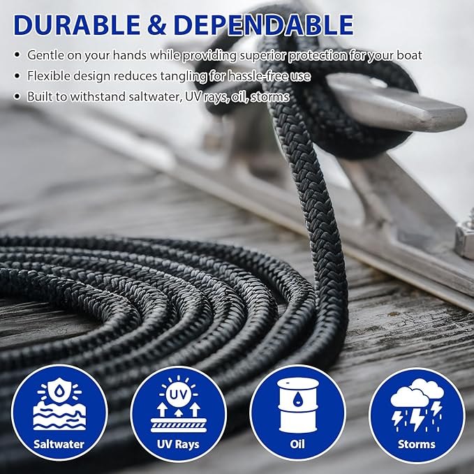 Boat Dock Lines Marine Rope - 3/4" x 25ft with Pre-Spliced 15" Loop Double Braided Nylon Ropes Bumper Tie Mooring Line for Boats Docking Pontoon Boating Accessories - 2 Pack