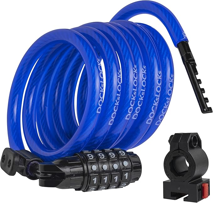 DockLocks Security Cable Lock Set (4' or 6') Coiled, Keyless Resettable Combination, Mounting Bracket, Portable and Compact for Bikes, Scooters 6ft