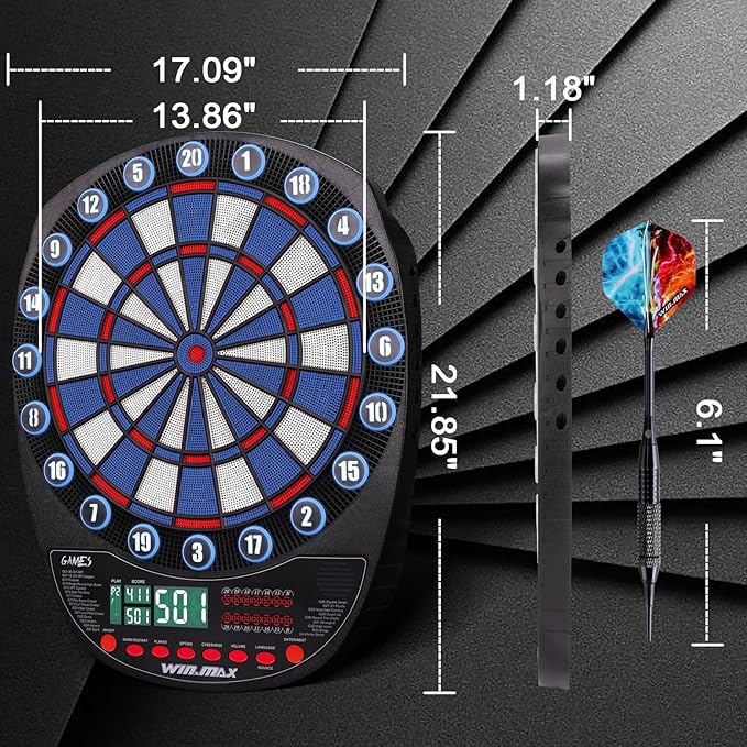 WIN.MAX Electronic Dart Board Soft Tip Dartboard Set LED Displays 3 Languages with 12 Darts 100 Tips Power Adapter