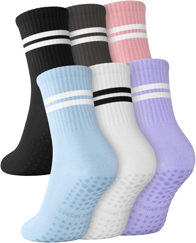 6 Pairs Grip Pilates Socks for Women, Non-slip Yoga Athletic Socks for Barre Ballet Barefoot Workout Hospital
