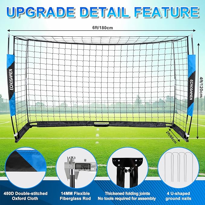 12X6FT/6X4FT Soccer Goal, Portable Soccer Goals for Backyard, Easy to Carry, Easy to Install, Comes with 1 Carry Bag, 4 Ground Nails, Youth and Adult Training Equipment.