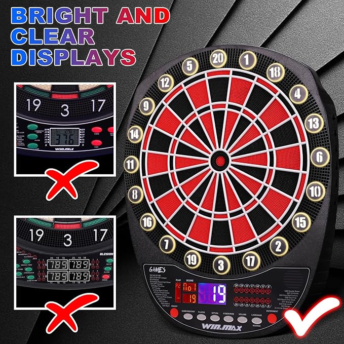 WIN.MAX Electronic Dart Board Soft Tip Dartboard Set LED Displays 3 Languages with 12 Darts 100 Tips Power Adapter