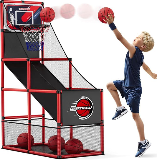 Basketball Arcade Game Indoor Outdoor, Kids Basketball Hoop with 4 Balls & Pump, Single Shot Basketball Game at Home, Carnival Games Sport Toys Gifts for Boys Girls Teens