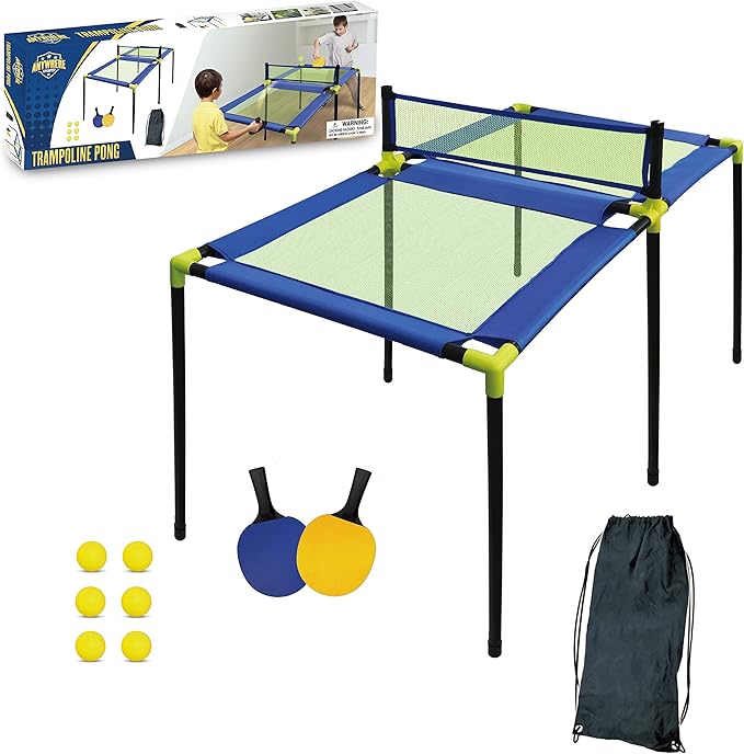 Nature Bound Anywhere Sports - Portable Trampoline Ping Pong Table Tennis Game for Indoor or Outdoor Use, Includes Two Paddles, Six Balls, Storage Bag, and Compact Size for Kids