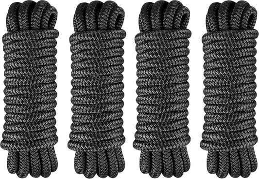 4 Pack 1/2" x 10' Boat Fender Lines - Marine Grade Nylon Boat Rope with 5" Loop for Tying Fenders and Docking Small Boats - Double Braided Dock Lines, Easy Handling, Fray Resistant - Black