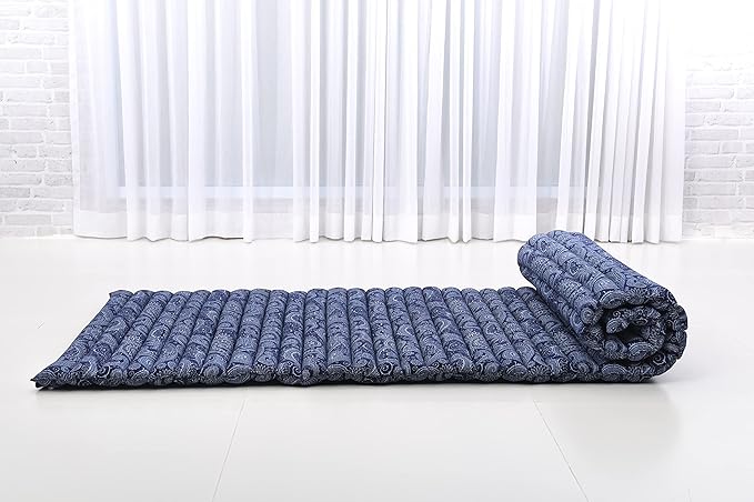 Leewadee - Foldable Floor Mattress - Japanese Roll Up Futon -Trifold Tatami Mat- Guest Floor Bed - Camping Mattress - Thai Massage Mat, Kapok Filled, 75 x 28 inches, Blue White