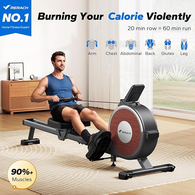 MERACH Rowing Machines for Home, Magnetic Rowing Machine with 16 Levels, Rower Machine of Quiet Resistance, Dual Slide Rail with Max 350lbs Weight Capacity, App Compatible