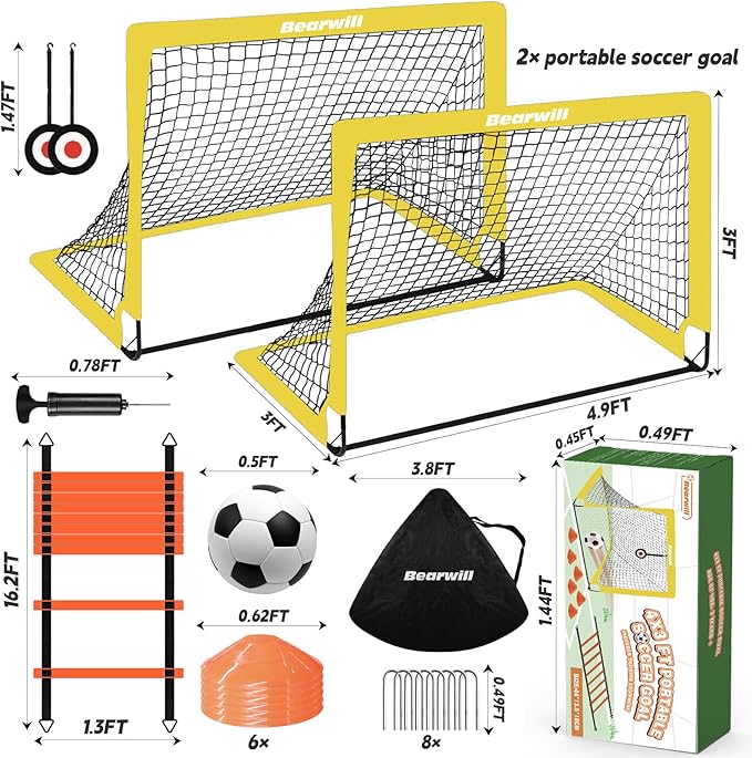 Soccer Goal, Kids Soccer Goals for Backyard Set of 2, 4x3ft Portable Soccer Goal Pop Up Soccer Net, Kids Soccer Net Training Equipment with Soccer Ball, Ladder, Cones, Targets
