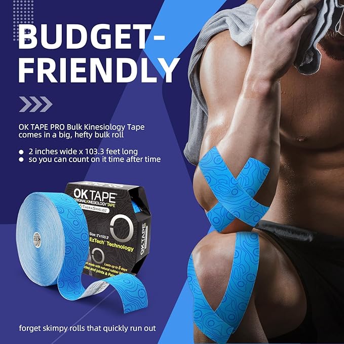 OK TAPE Kinesiology Tape Bulk 103Feet, Pro Adhesive, Water-Resistant k Tape, Elastic Athletic Tape, Latex Free, Uncut, Blue