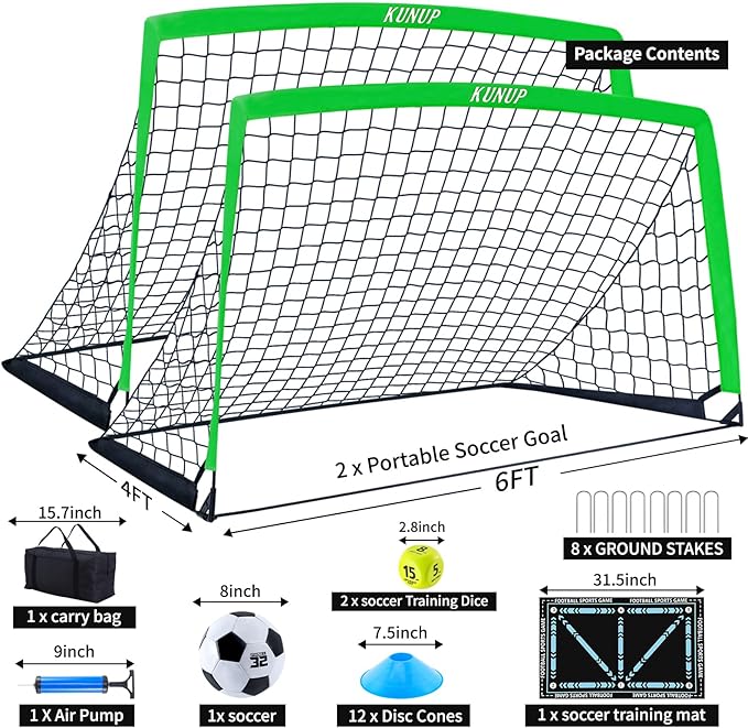 2 Pack Kids Soccer Goal for Backyard Set 6x4FT Portable Pop Up Soccer Net Training Equipment with Soccer Ball, Training Dice Mat, Cones and Carry Bag for Youth Toddler Teams Indoor Outdoor Sport Game
