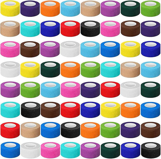Treela 64 Pack 1" x 5 Yards Self Adhesive Cohesive Bandage Wraps, Elastic Breathable Athletic Tape, Flexible Self Adherent Bandage Rolls for Wrist, Ankle, Fingers, Sports & Pets (Multi Color)