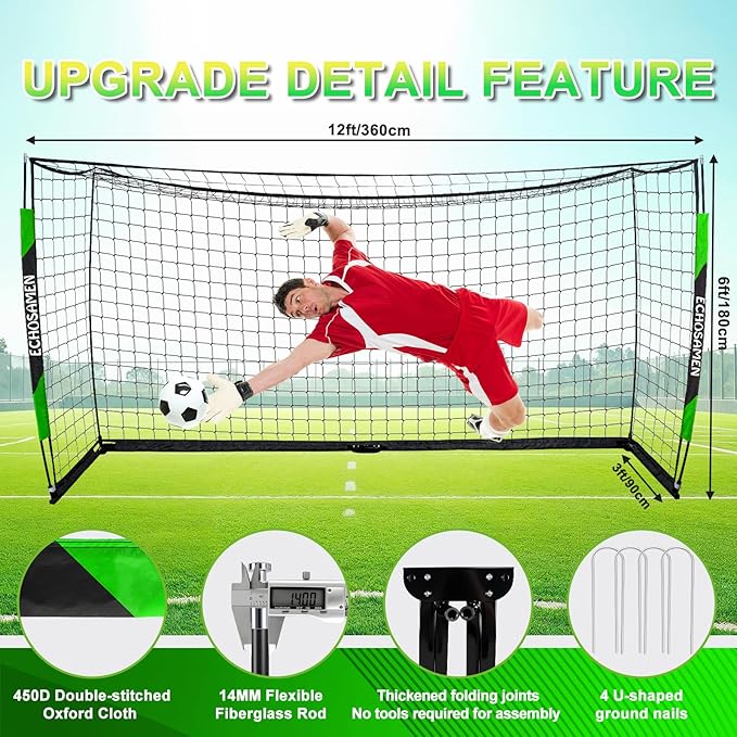 12X6FT/6X4FT Soccer Goal, Portable Soccer Goals for Backyard, Easy to Carry, Easy to Install, Comes with 1 Carry Bag, 4 Ground Nails, Youth and Adult Training Equipment.