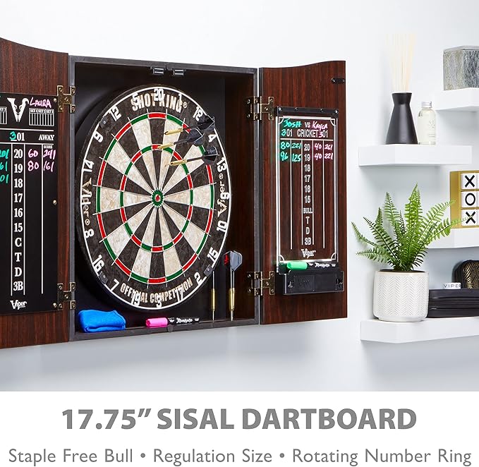 Viper by GLD Products Vault Deluxe Dartboard Cabinet with Shot King Sisal Dartboard and Illumiscore Scoreboard, Wood