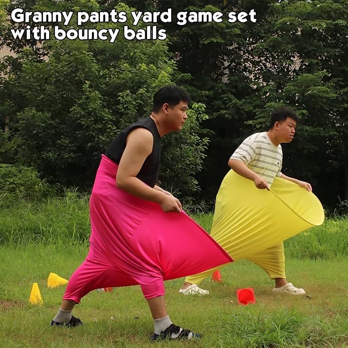 Granny Pants Yard Game Set - Peculiar Outdoor Game Granny Pants with 3 Bouncy Balls, 2 Marker Cones & Air Pump, Perfect for Family Reunion Games, Backyard Gatherings & Team Games
