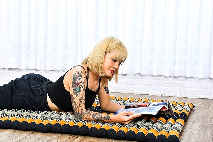 Leewadee - Kapok Roll Mat – Handcrafted Folding Sleep & Relaxation Mattress from Thailand, Ideal as Guest Bed, Camping Mat, Yoga Mat or Traditional Futon, 75 x 39 inches, Black Orange