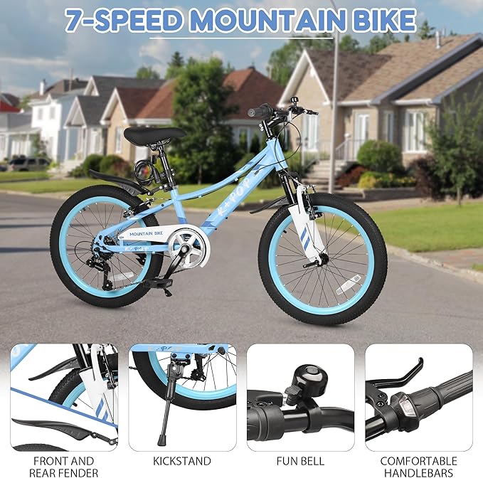 20 24 Inch Kids Bike, 7-Speed Girls Boy Mountain Bike, Front Suspension Fork Kids' Bicycles Girls Boys Bikes Ages 8-12, Front and Rear V Brakes