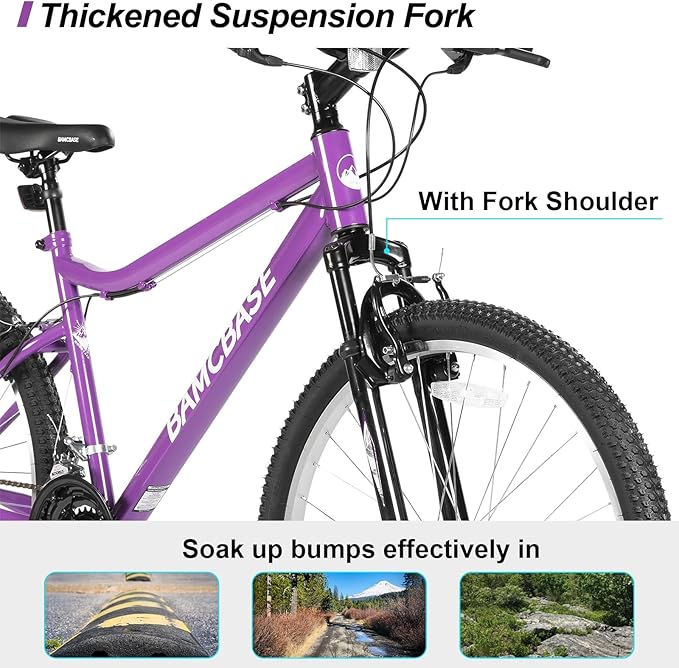HILAND 26 Inch Womens and Mens Mountain Bike, 18 Speed Steel Frame Adult Bicycle, MTB Bikes with Suspension Fork, V Brake, Mountain Bicycle for Woman Man, Purple Green White