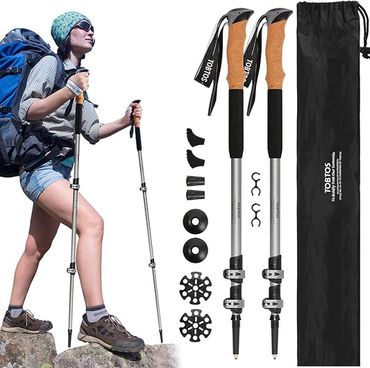 TOBTOS Trekking Poles, 2 Pack 7075 Aluminum Walking Sticks with Quick Lock, Lightweight Adjustable Hiking Sticks, Comfortable Cork Grips for Hiking, Walking & Camping