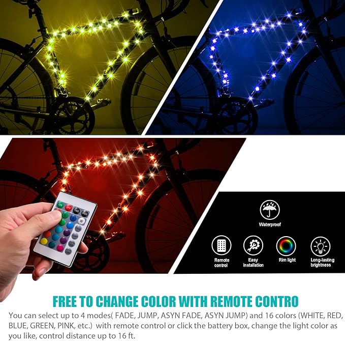 Waybelive LED Bike Frame Lights, Remote Control Bicycle Frame LED Light, 16 Color Change by Yourself, Waterproof, Super Bright to Ride at Night. Good Gift for Kids(1 Tire, Multicolor)