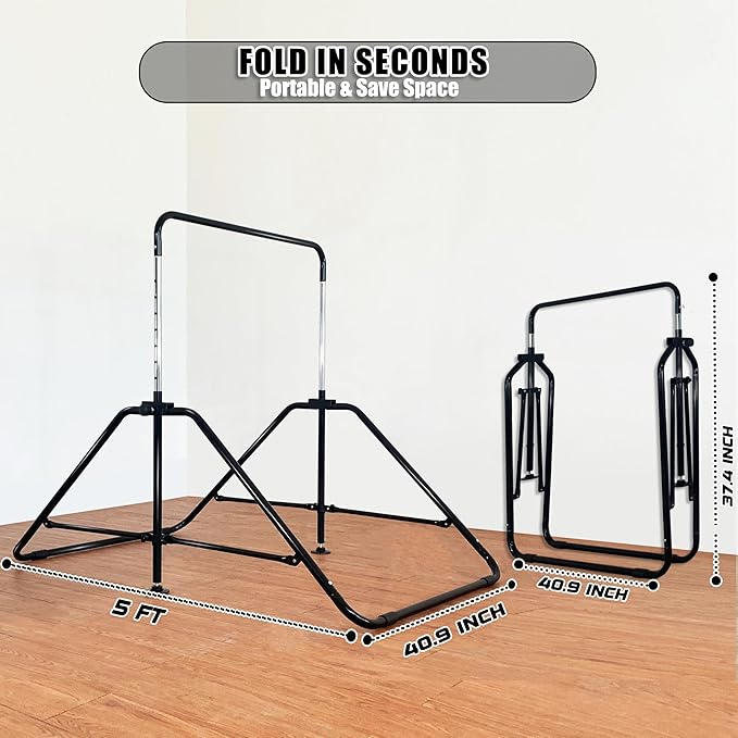 MARFULA Foldable Gymnastic Bar for Kids Ages 3-9, 9 Height Levels, 200 lbs Weight Capacity, 5 Ft Length Gymnastic Kip Bar with Mat, Gymnastic Equipment for Home and Gym Center Indoor Outdoor Use