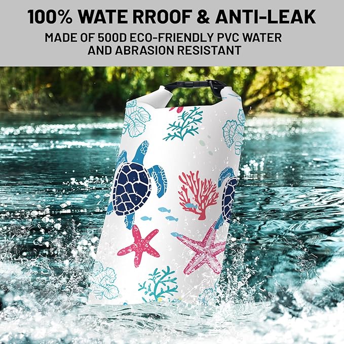 Waterproof Dry Bag,Sea Turtle Coral Starfish Small Waterproof Backpack 2L/5L/10L/20L/30L/40L Floating Lightweight Bags for Kayaking, Boating, Fishing, Swimming Camping with Waterproof Phone Case