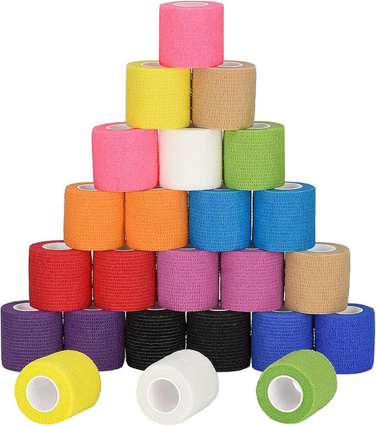 24 Pack Self Adherent Cohesive Wrap Bandages Non Woven Cohesive Bandage Elastic Self Adhesive Bandage Wrap Sports Athletic Tape First Aid Tape for Wrist Ankle Pet Vet Wrap Grip Cover 2 inch