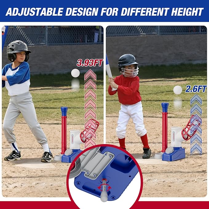 Tball Set for Toddlers 3-5, Tee Ball Set with Step on Pitching Machine/Adjustable Batting Tee/Retractable Baseball Bat/8 Pop Up Balls, Outdoor Sport Toy Games for Kids Boys
