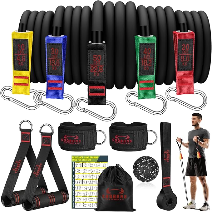 Resistance Bands with Handles, 175lb Exercise Bands for Working Out, Fitness Bands, Workout Bands with Door Anchor and Ankle Straps, Physical Therapy, Yoga, Strength Training Home Gym Equipment