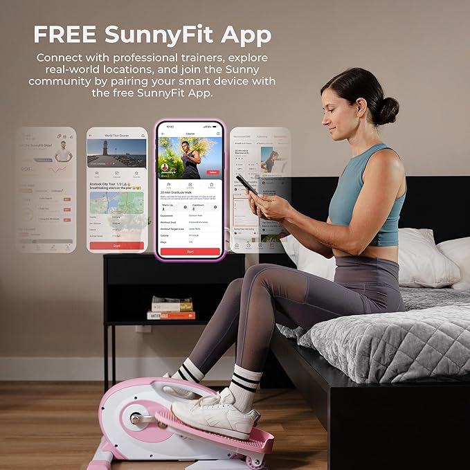 Sunny Health & Fitness Sitting Under Desk Elliptical Exerciser, Portable Pedal Training Machine for Senior Exercise, Peddler for Home Workout, Optional Free SunnyFit App, Magnetic, Motorized & In Pink