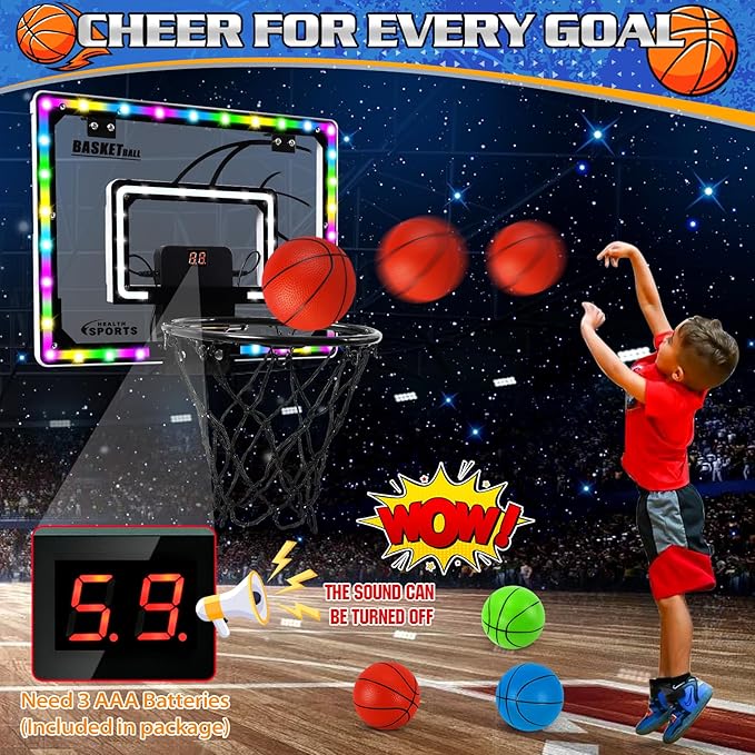 Mini Basketball Hoop Indoor with Scorer and Batteries, Indoor Basketball Hoop Over The Door with Colorful LED Lighting, Toy Basketball Set for Boys Girls Age 3 4 5 6 7 8