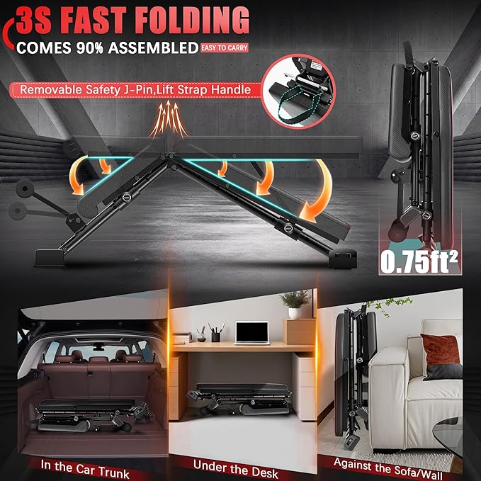 OPPSDECOR Fitness Weight Bench, 900LBS Adjustable Incline/Decline/Flat Bench with Quick Folding & Setup, Strength Training Bench Press Bench for Home Gym Full Body Workout