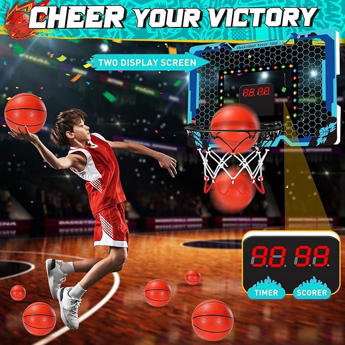 Basketball Hoop Indoor with Electronic Scoreboard & Timer, LED Light Mini Basketball Hoop for Kids, Over The Door, Basketball Gifts Toys for 3-12 Year Old Boys Girls (Blue)
