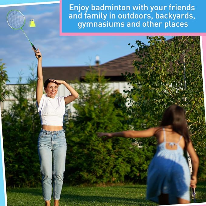 Woanger 8 Pcs Badminton Rackets Set with 12 Shuttlecocks, Lightweight Badminton Set of 4 for Adults Backyard Gym Beach Outdoor Games