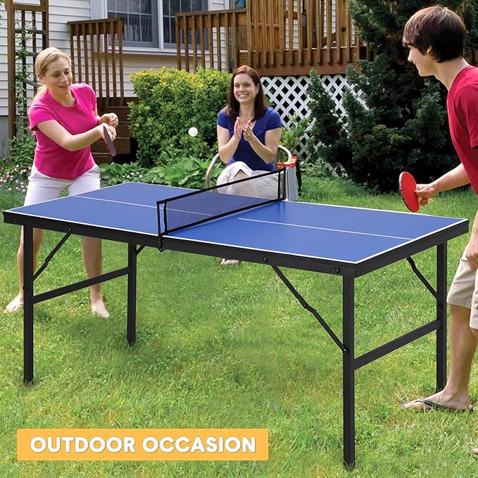 Table Tennis Game Set, Portable Table Tennis Game with Demountable Nylon Net, 2 Paddles and 3 Balls, Ping Pong Table for Indoor Outdoor, Waterproof Tabletop, Blue, 60 x 26 x 27.5inch