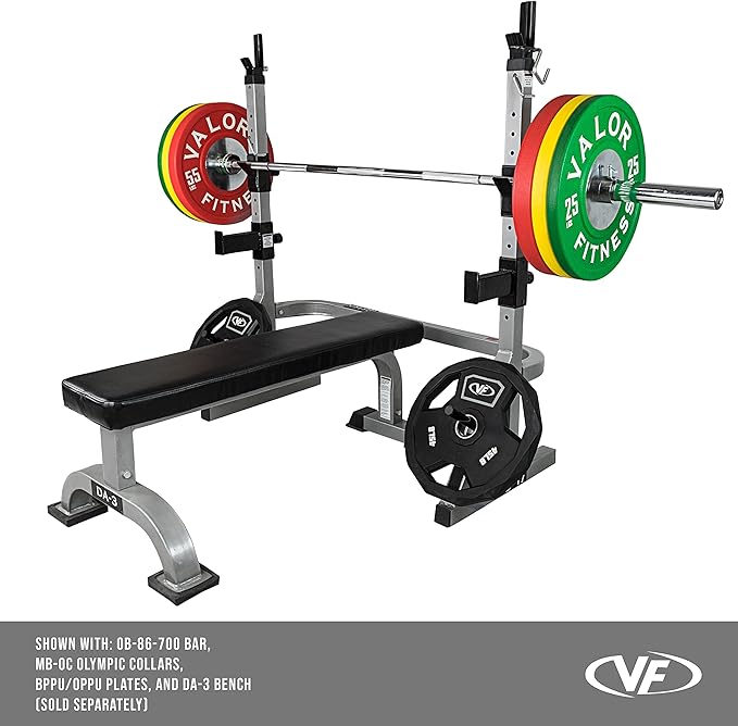 Valor Fitness Adjustable Power Squat Rack with J-Hooks, Locking Safety Catches, and Plate Storage – Home Gym Bench Press Station – Max Weight 475 lbs