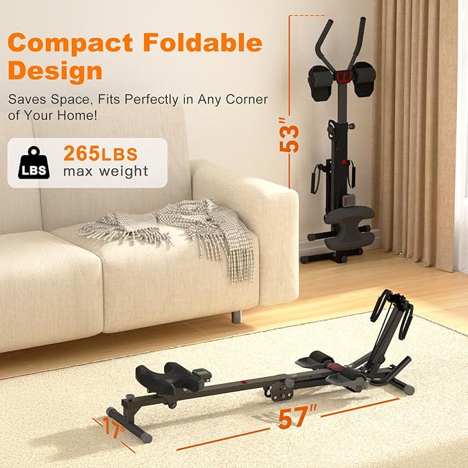 TOUSAINS 3 in 1 Rowing Machine, Ab Machine with Resistance Bands, Abdominal Trainers for Full Body Workout, Fitness Foldable Equipment Rowing Machine for Home Gym