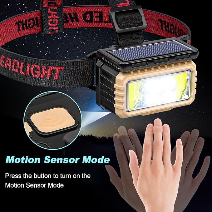 KERNOWO Solar Headlamp for Camping,Rechargeable LED Headlight for Adults with Motion Sensor, Six Adjustable Modes, Waterproof,Lightweight,Flashlight for Cycling,Hiking,Fishing,2-Pack,Black
