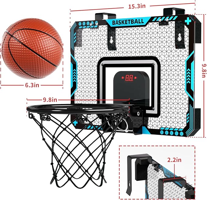 Indoor Mini Basketball Hoop for Boys Kids Aged 5 6 7 8 9 10 11 12+, Over The Door Basketball Hoops with LED Lighting, Electronic Scoreboard, and 4 Balls, Sport Toys Birthday Gift