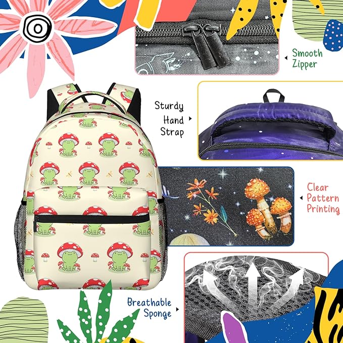 Kawaii Frog Print Backpack for Boys Girls Bookbags Lightweight Adjustable Elementary Middle High School Bags for Kids Children Teenagers Travel Daypack Laptop Hiking Backpacks