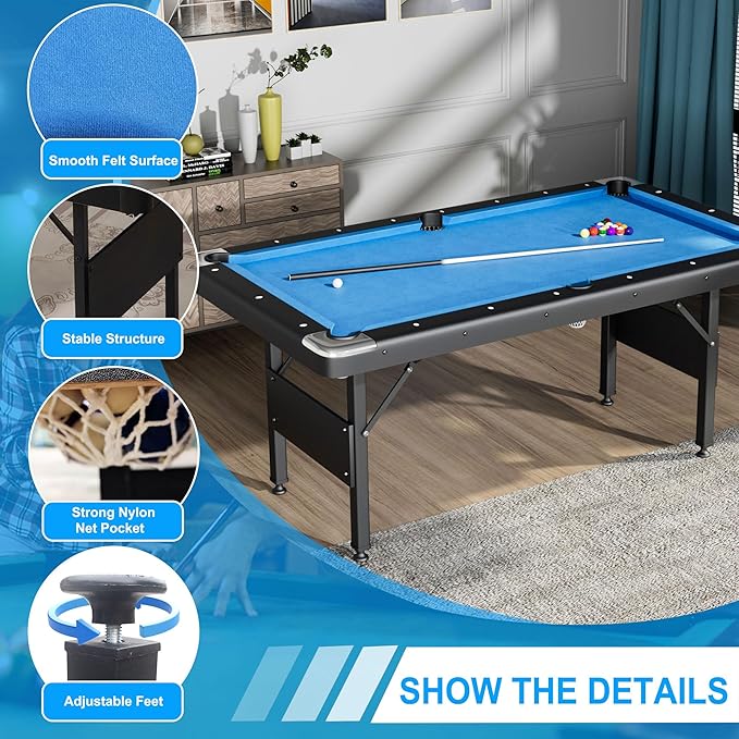3 in 1 Billiard Table, 5.5 FT Folding Pool Table with Ping Pong Table and Dining Top, Multi Game Table Includes Billiard Accessories and Tennis Paddles for Family Game Room, Basements
