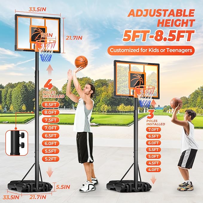Basketball Hoop Outdoor Basketball Goal Portable Adjustable for Adults, Youth in Backyard, Driveway, Indoor, 44 Inch Pc Shatterproof Backboard, 2 Sand Bags and Portable Wheels