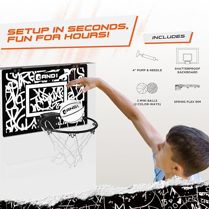 AND1 Over the Door Mini Basketball Hoop: 18x12 Shatterproof Backboard, 2 Mini Basketballs, and Hand Pump Included- Ultimate Indoor Basketball Accessory for Kids and Adults, No Tools Required